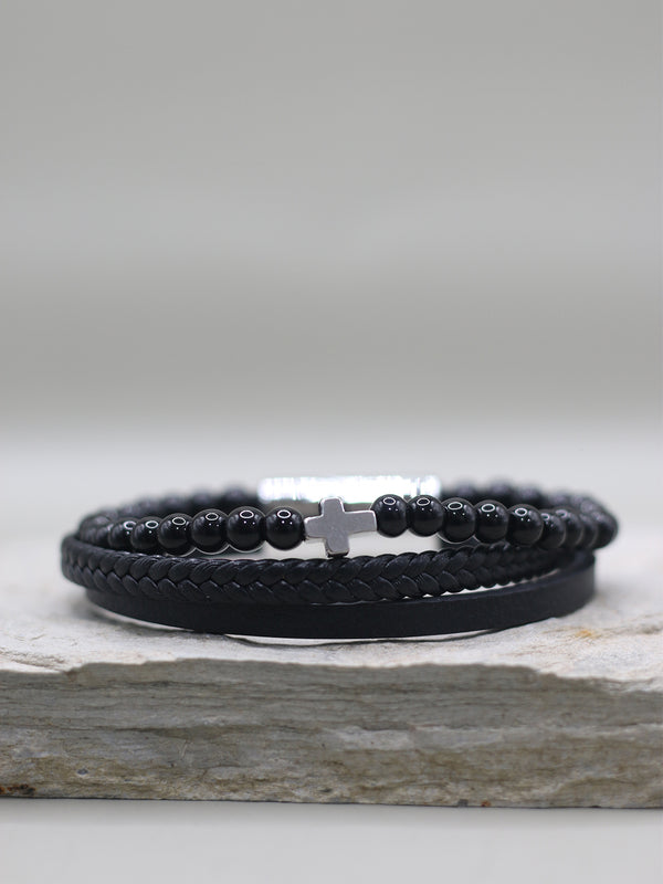 Black Beaded Cross Bracelet For Men
